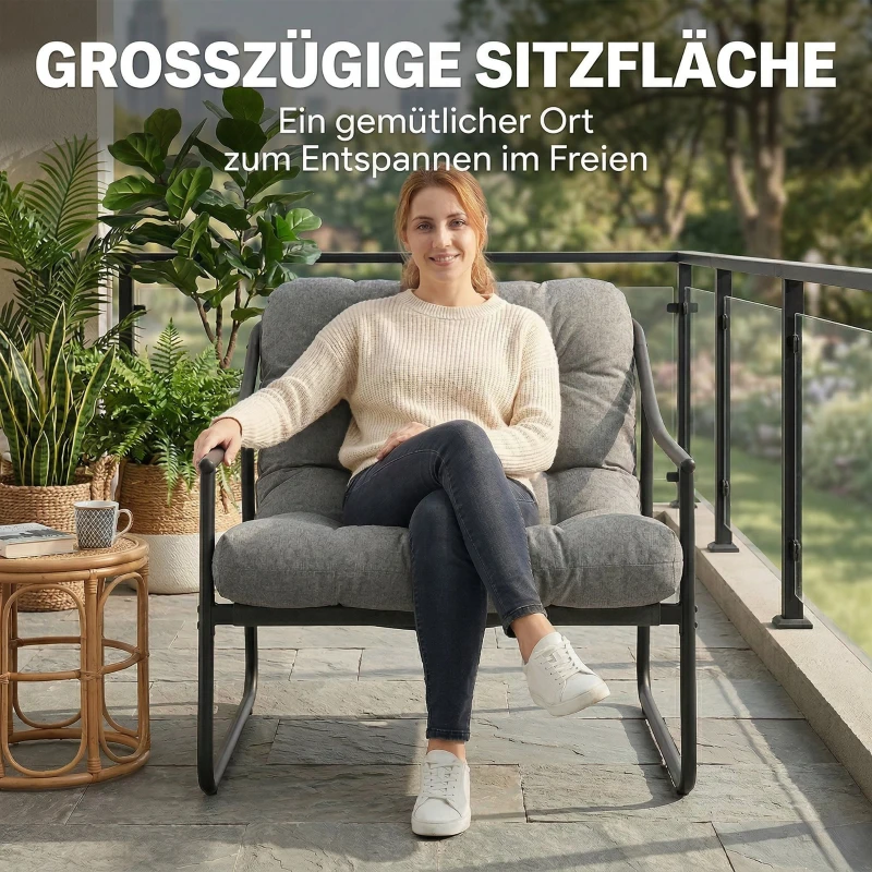 Outsunny Gartensessel Gartenstuhl mit abnehmbarem Sitzkissen Garten Loungesessel mit Armlehne, bis 120 kg belastbar Dunkelgrau