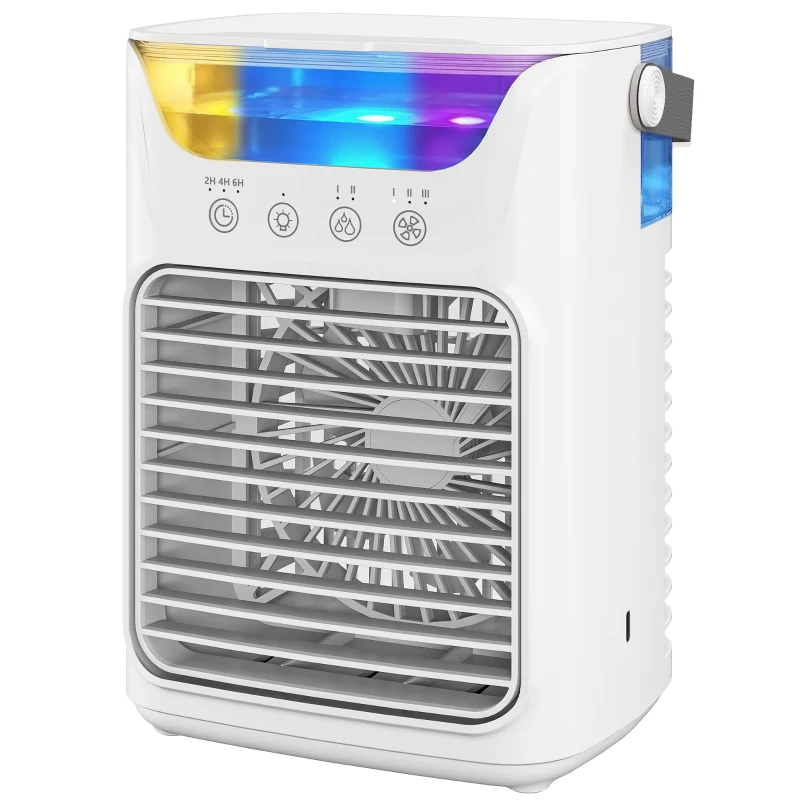 HOMCOM Air Cooler with Adjustable Head, Portable Air Conditioner with 3 Wind Speed, 2 Cool Mist, RGB Light, White