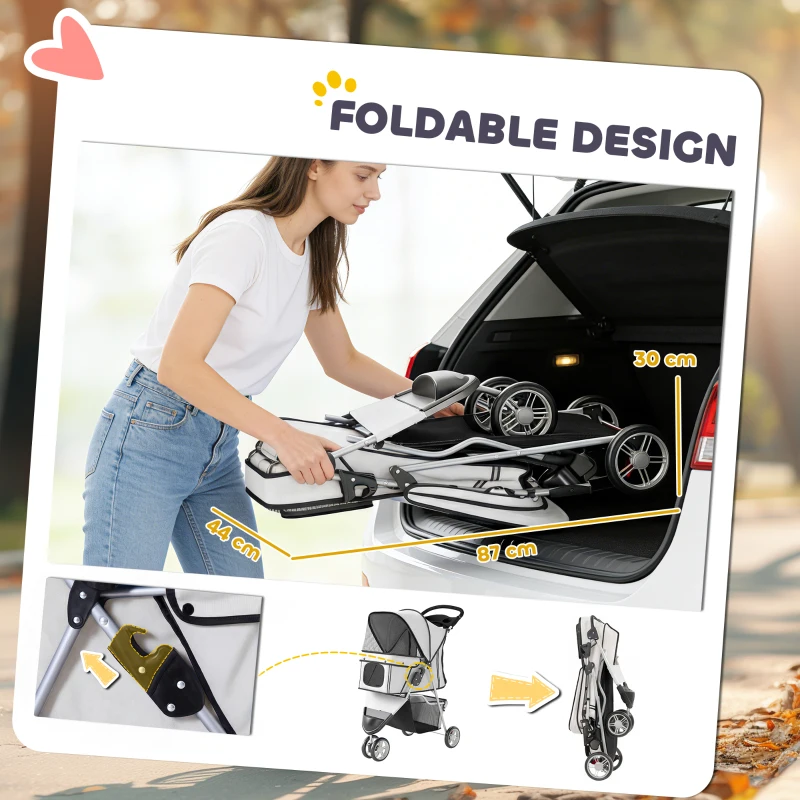 PawHut Dog Stroller, 3 Wheels Foldable Pet Stroller with Adjustable Canopy, Storage Basket for Small Mini Breeds, Grey