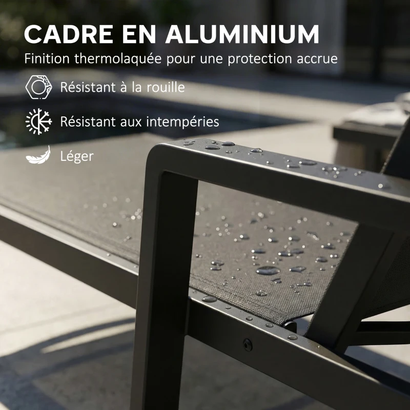 Outsunny Chaise Longue Jardin en Textilène et Aluminium, Réglable à 4 Positions avec Roues et Accoudoirs, 65x189x80cm, Gris Foncé