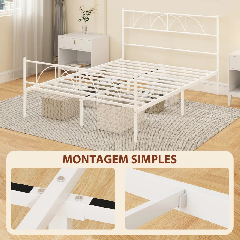 HOMCOM Cama de Casal com Cabeceira de Ripas de Aço e Espaço de Arrumação Debaixo da Cama Carga 330 kg 141,5x198x98 cm Branca