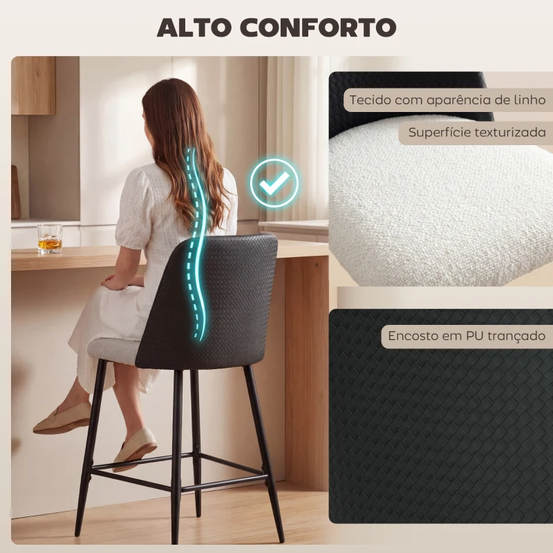 HOMCOM Conjunto de Bancos Altos de Cozinha com Encosto e Descanso para os Pés Revestidos em Linho e PU Estrutura de Aço Preto