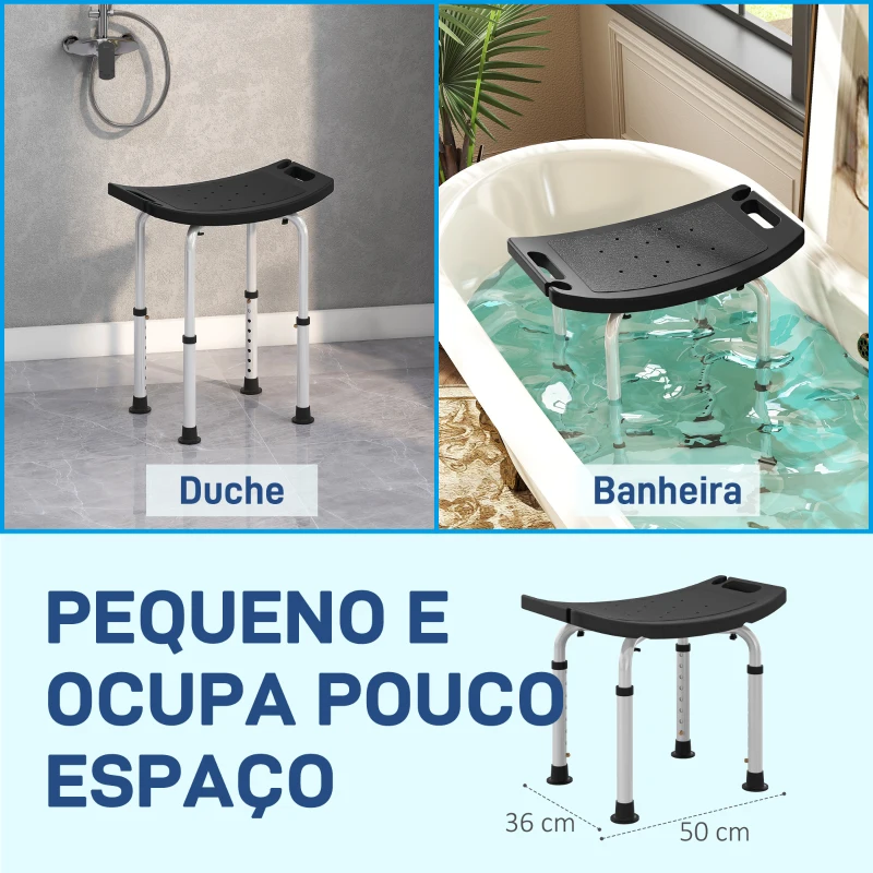 HOMCOM Banco de Duche com Altura Ajustável em 8 Posições com Base de Borracha Antiderrapante 50x36x39,5-56,5 cm Preto