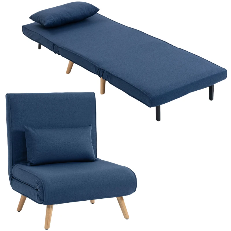 HOMCOM Sofá Cama Individual Plegable con Respaldo Ajustable 5 Posiciones Sillón Cama Tapizado con Cojín 72x75x85 cm Azul