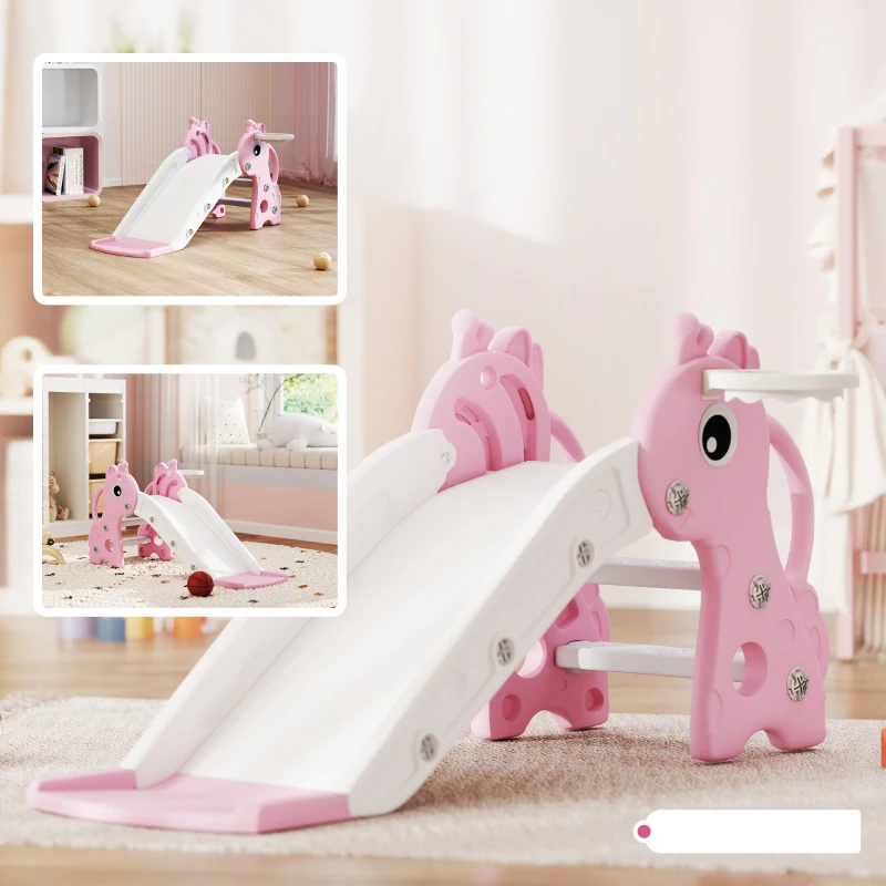 AIYAPLAY 3-in-1 Rutsche für Kinder, Giraffenform, Basketballkorb, Ball, Rosa