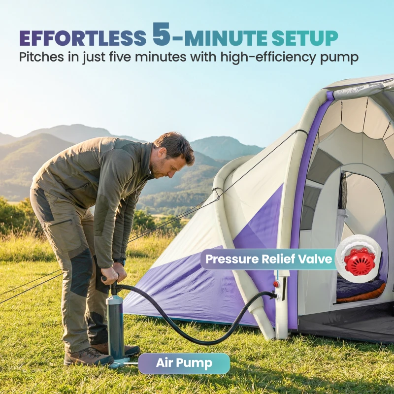 Outsunny Inflatable Tent 2 Bedroom 3000mm Waterproof Windproof Air Tent with Carry Bag for 4 Person