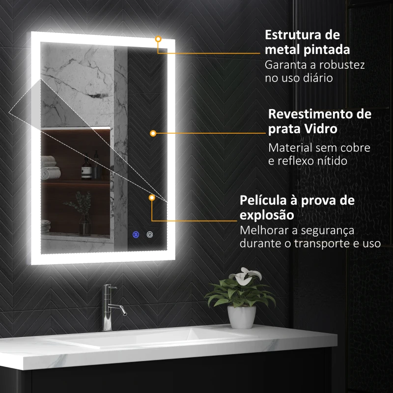 kleankin Espelho Casa de Banho com Luzes LED 80x60 cm Função Antiembaciamento 3 Cores Função de Memória e Interruptor Tátil Prata