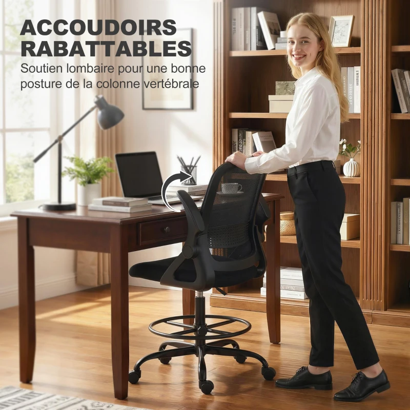 HOMCOM Chaise de bureau en maille, chaise d'ordinateur avec accoudoirs rabattables, hauteur réglable, repose-pieds, noir