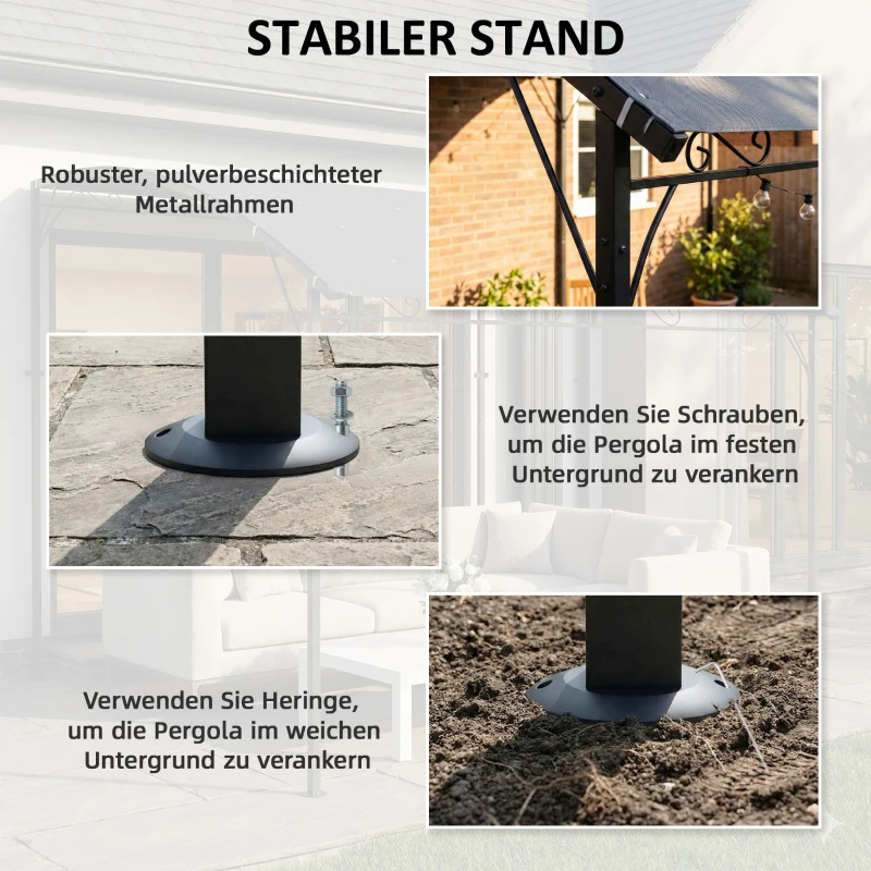 Outsunny Anbaupavillon Pergola mit Metallgestell Dach, wetterfest wandmontiert Pavillon Vordach 2,86 x 3,84 x 2,52 m Grau