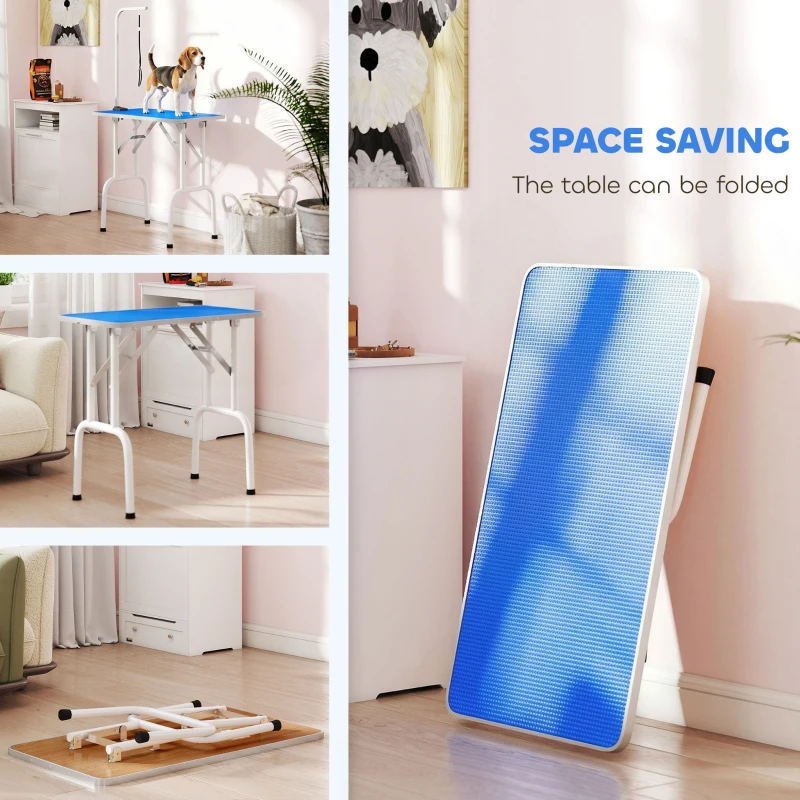 PawHut 32" Foldable Dog Grooming Table Pet Drying Beauty Table Adjustable Fixed Arm Rubber Top, Blue