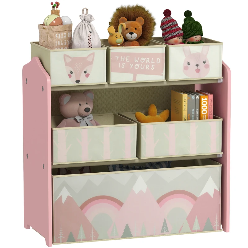 ZONEKIZ Organizador de Juguetes para Niños Estantería para Juguetes con 6 Cajas de Tela no Tejida Extraíbles 63x30x66 cm Rosa