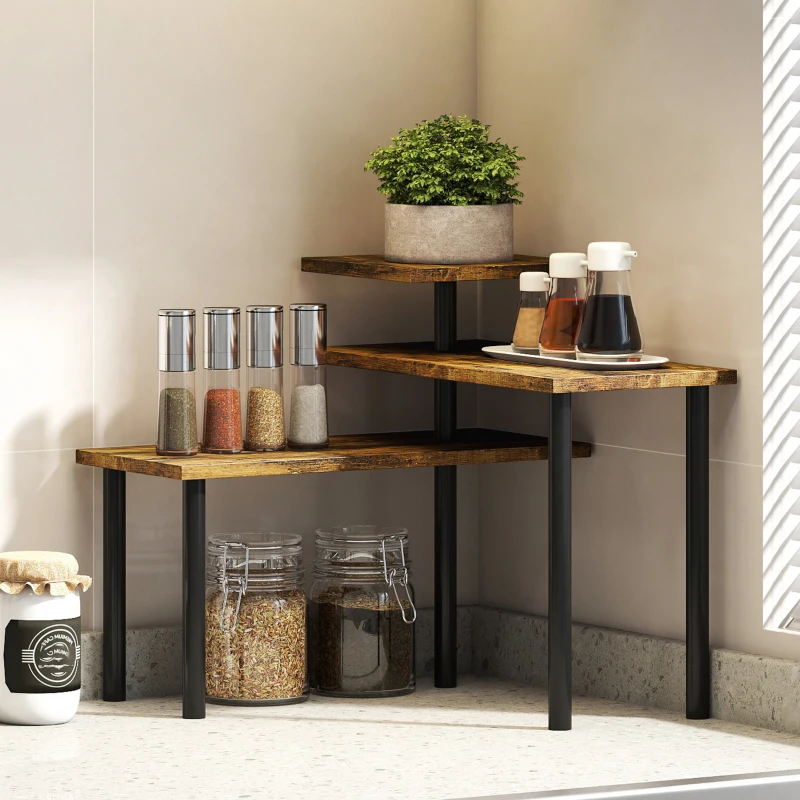 HOMCOM Étagère de cuisine rotative à 3 niveaux, étagère d'angle, cadre en métal, 40 x 18 x 36,5 cm, brun rustique