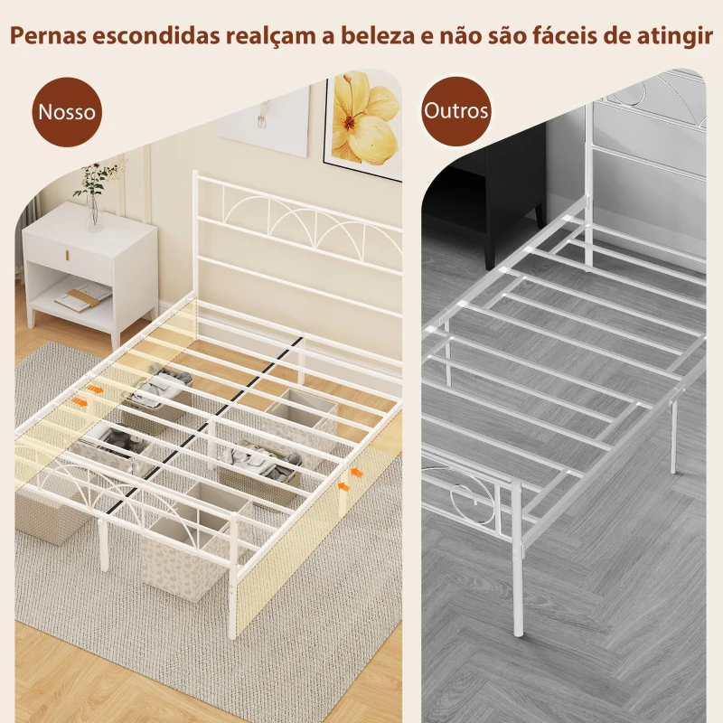 HOMCOM Cama de Casal com Cabeceira de Ripas de Aço e Espaço de Arrumação Debaixo da Cama Carga 330 kg 141,5x198x98 cm Branca