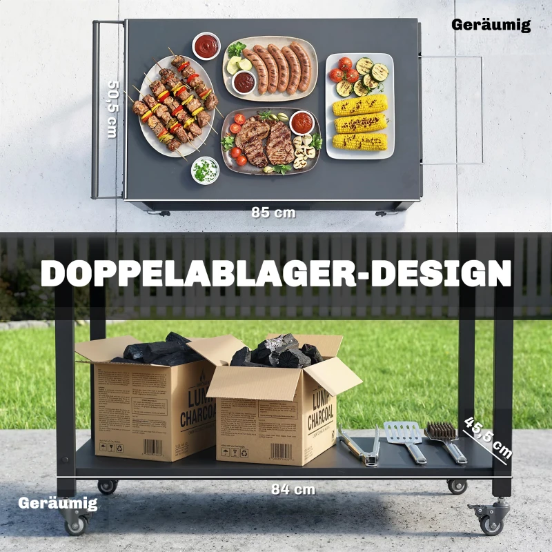 Outsunny Küchenwagen mit Rollen, 2-stöckiger Servierwagen mit Müllbeutelhalter, Haken, Griffe, 113 x 50,5 x 88 cm Schwarz