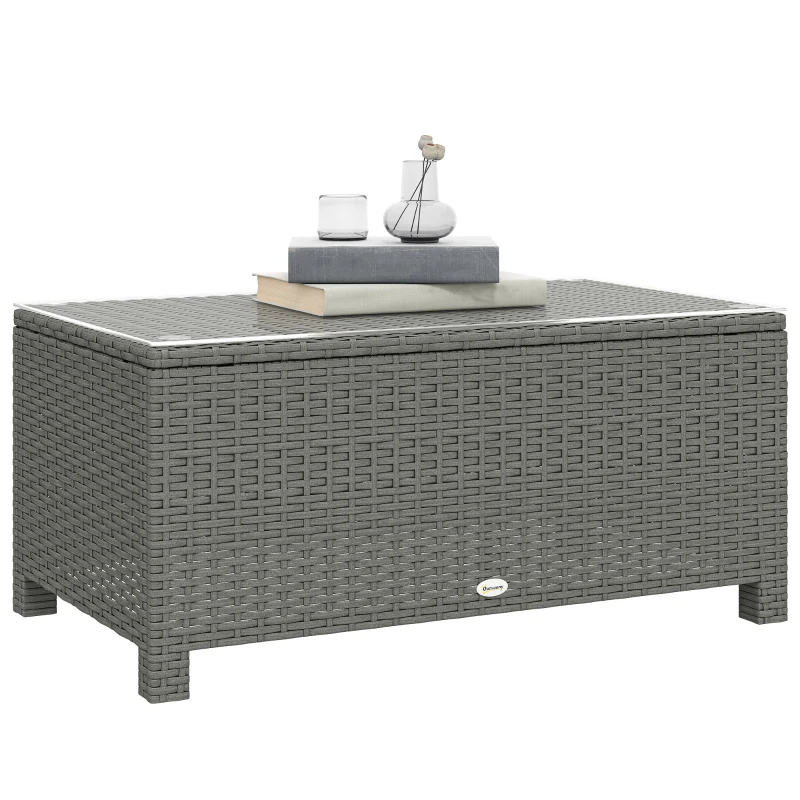 Outsunny Rattan Garden Coffee Table with Glass Top, Light Grey