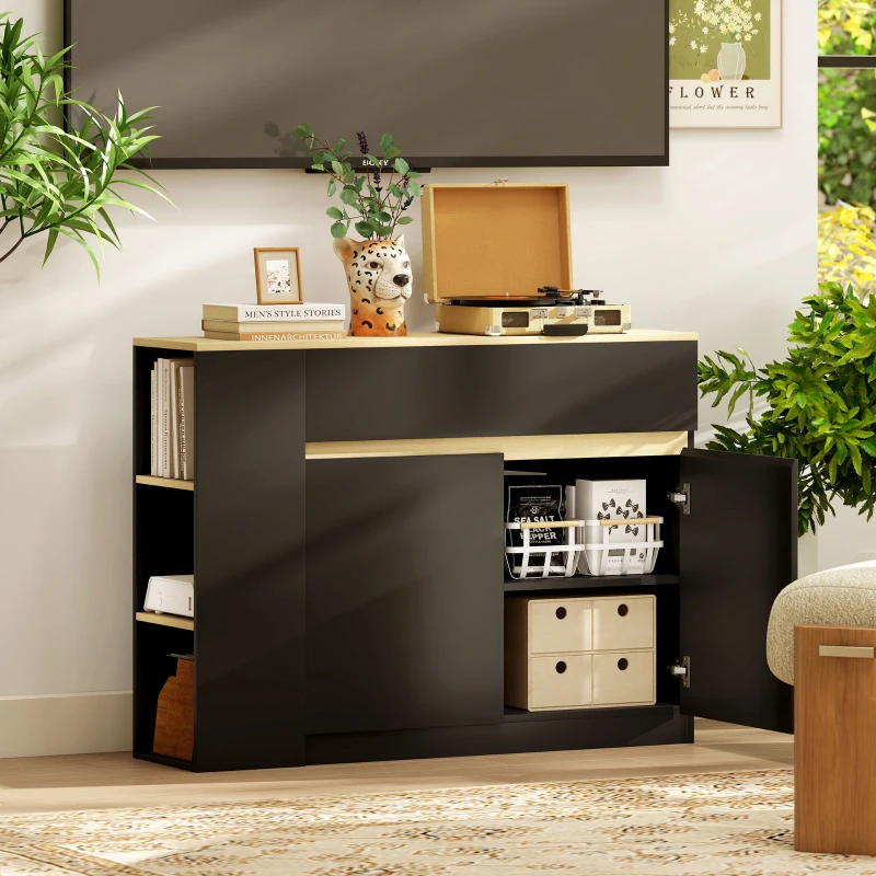 HOMCOM Aparador de Cocina Armario de Cocina con 2 Cajones 3 Estantes Abiertos 2 Puertas Estante Ajustable 110x29,5x82 cm Negro