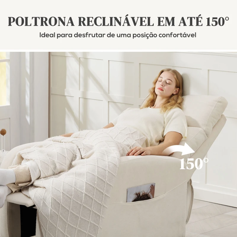 HOMCOM Poltrona Relax Reclinável Manual Estofada em Linho Sintético com Apoio para os Pés e Bolso Lateral 68x90x106 cm Creme