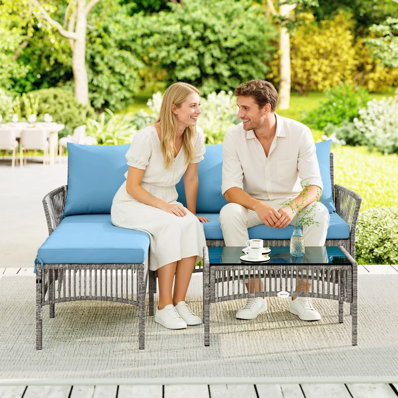 Outsunny Conjunto de Jardim Exterior de Vime com Sofá de 2 Lugares, Chaise Longue e Mesa de Centro com Vidro Temperado Azul Claro