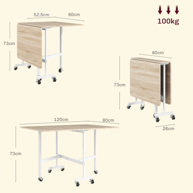 HOMCOM Mesa Dobrável de Cozinha para 4-6 Pessoas Mesa de Sala de Jantar Dobrável com Rodas e Laterais Dobráveis 120x80x73 cm Madeira