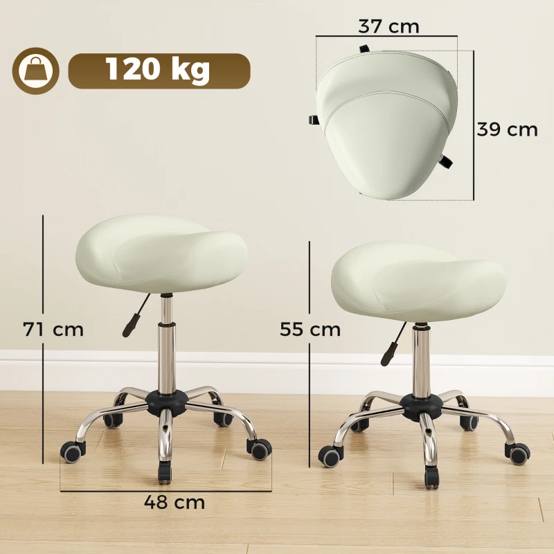 HOMCOM Silla tipo sillín, silla con ruedas regulable con cuero PU para masaje, spa, clínica, belleza y tatuajes, crema