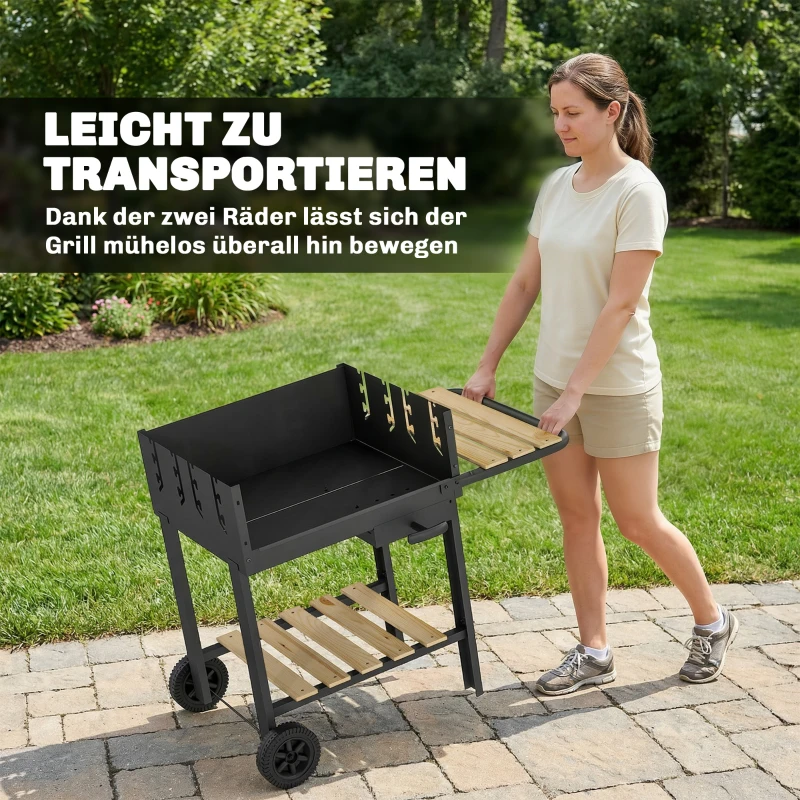 Outsunny Holzkohlegrill Grillwagen mit 4-fach höhenverstellbarer Grillrost 2 Holzablage 2 Räder Aschebehälter 99,5 x 58 x 82 cm