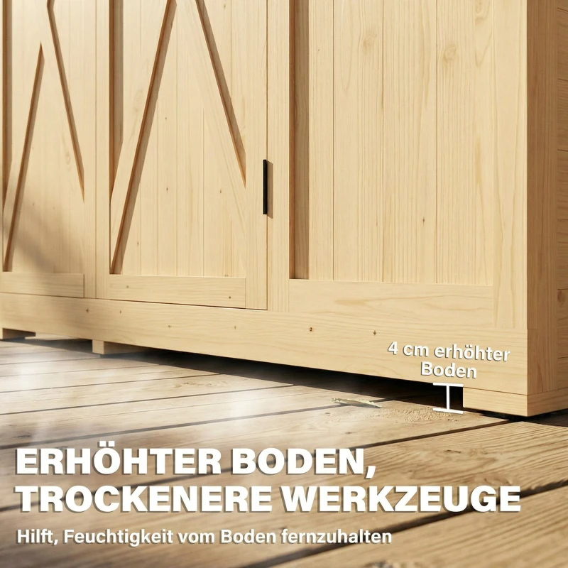 Outsunny Houten Tuinschuur Inloop Gereedschapsschuur met Planken Acrylramen Dubbele Deur Asfalt Dak Lamellenventilatie Bodemplaat