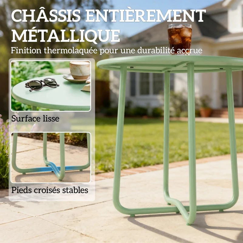 Outsunny Table Basse Extérieure avec Bord Enroulé, Base en X avec Pieds Réglables en Hauteur, pour Salon Terrasse, Ø48x51cm, Vert