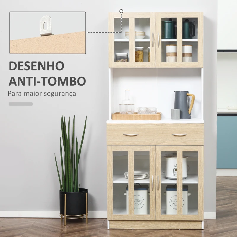 HOMCOM Aparador de Cozinha com 4 Portas de Vidro Bancada Aberta para Micro-Ondas  80x40x180 cm Branco e Madeira