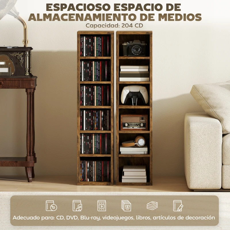 HOMCOM Set de 2 Estanterías para CDs y DVDs con 12 Compartimentos Estantes Ajustables 21x22,5x88,5 cm Marrón Rústico