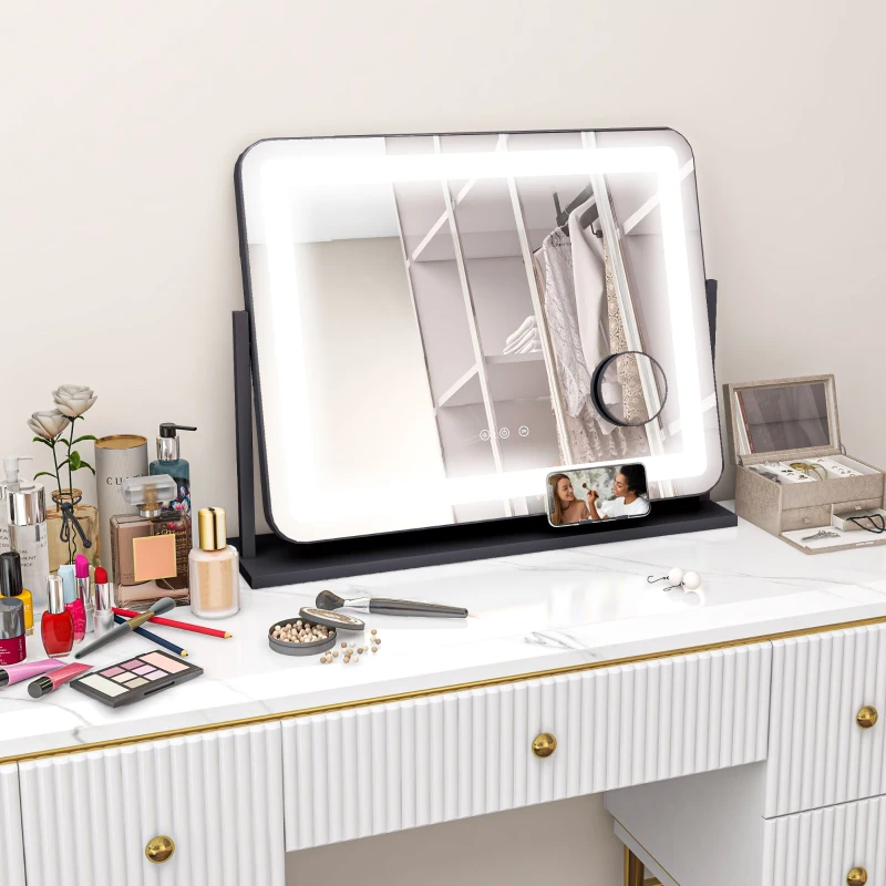 HOMCOM Miroir Lumineux LED intensité 3 modes d'éclairage, grossissement 10X, port de charge USB, touche tactile 62,5 x 52 cm