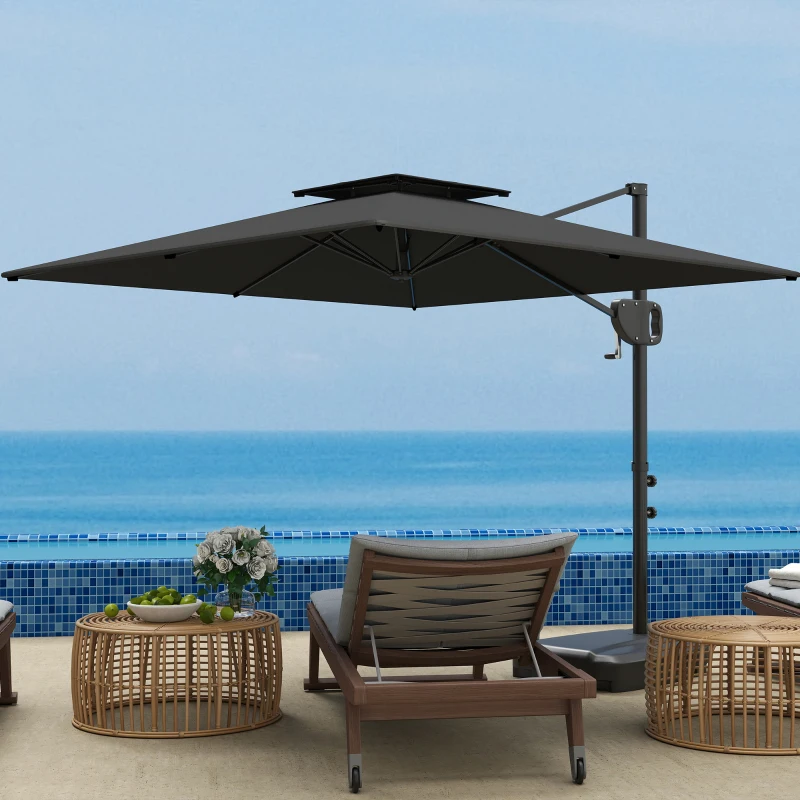 Outsunny Parasol déporté carré 2,5 x 2,5 m, parasol de jardin extérieur avec manivelle, 2 bases incluses, 8 baleines, gris foncé