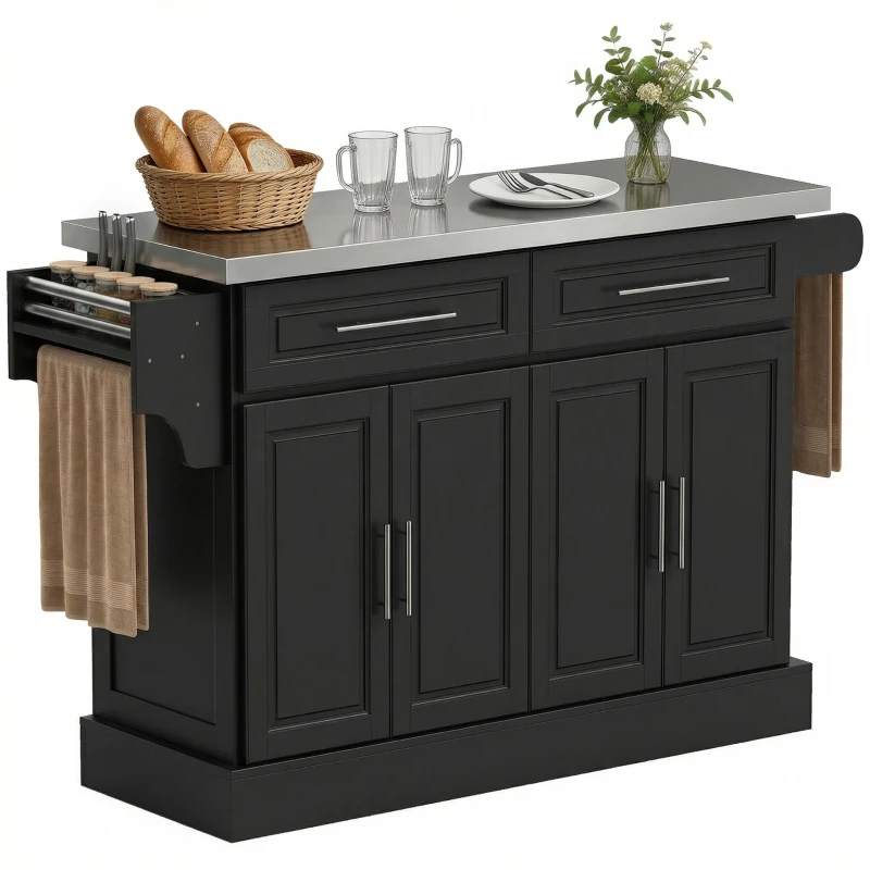 HOMCOM Ilha de Cozinha com Rodas Bancada de Aço Inoxidável 2 Gavetas 4 Portas e 2 Prateleiras Ajustáveis 145x45x93 cm Preto