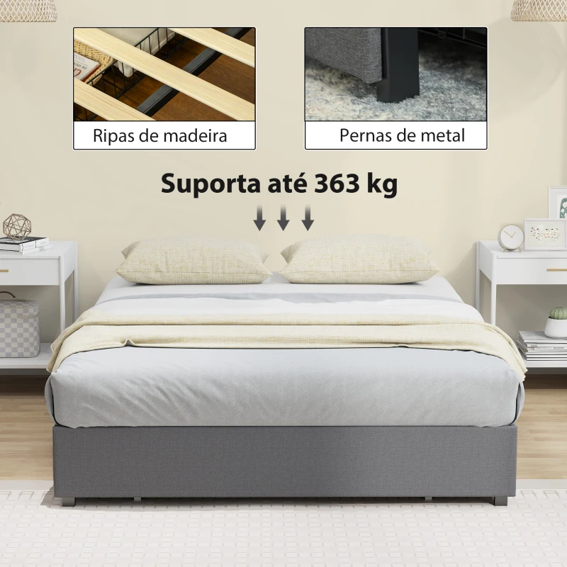 HOMCOM Cama de Casal 140x190 cm Estrado com 3 Gavetas e Estrutura Metálica Suporta 363 kg Cinza
