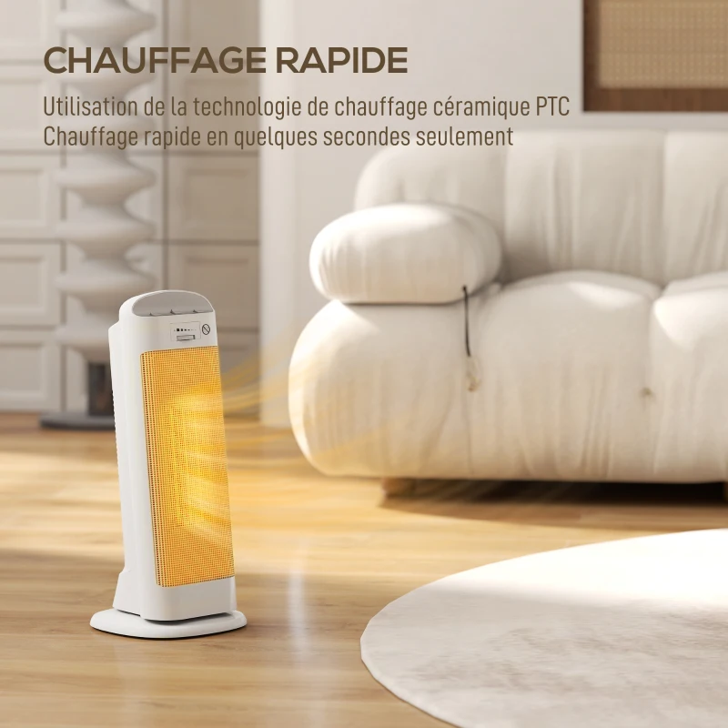 HOMCOM Chauffage d'appoint en céramique 2000 W, radiateur électrique soufflant 4 modes, thermostat réglable, 20x20x49cm, blanc