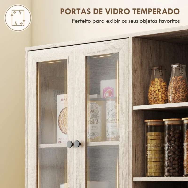 HOMCOM Armário de Cozinha Móvel Auxiliar de Cozinha com Prateleiras Abertas e 4 Portas de Vidro 90x35x172 cm Cinza Claro