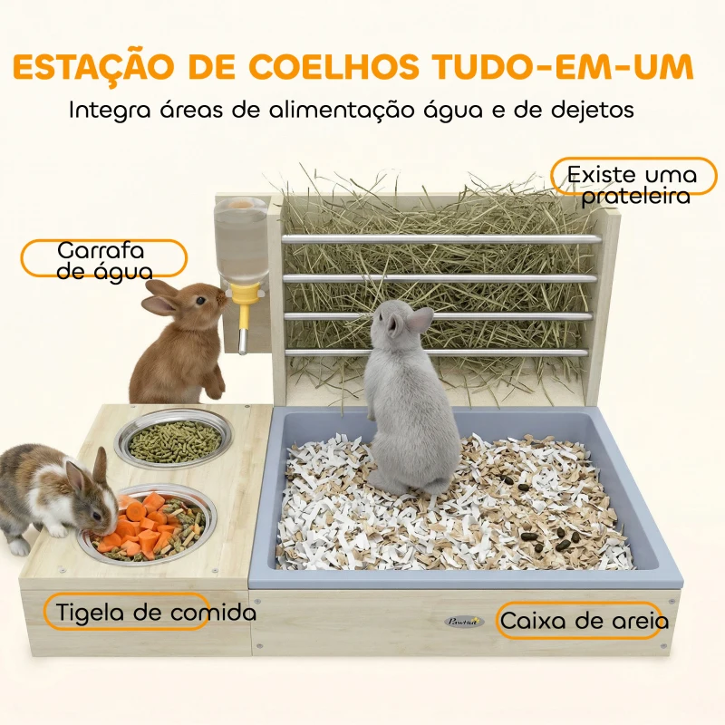 PawHut Comedouro de Feno para Coelhos com Bandeja, Alimentador de Feno em Madeira com Tigela de Aço Inoxidável e Bebedouro