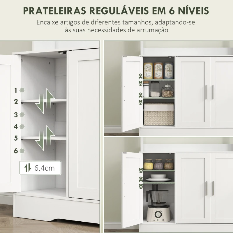 HOMCOM Armário de Cozinha com 2 Portas de Vidro Bancada Ampla para Micro-ondas Compartimentos Abertos Prateleiras Ajustáveis Branco