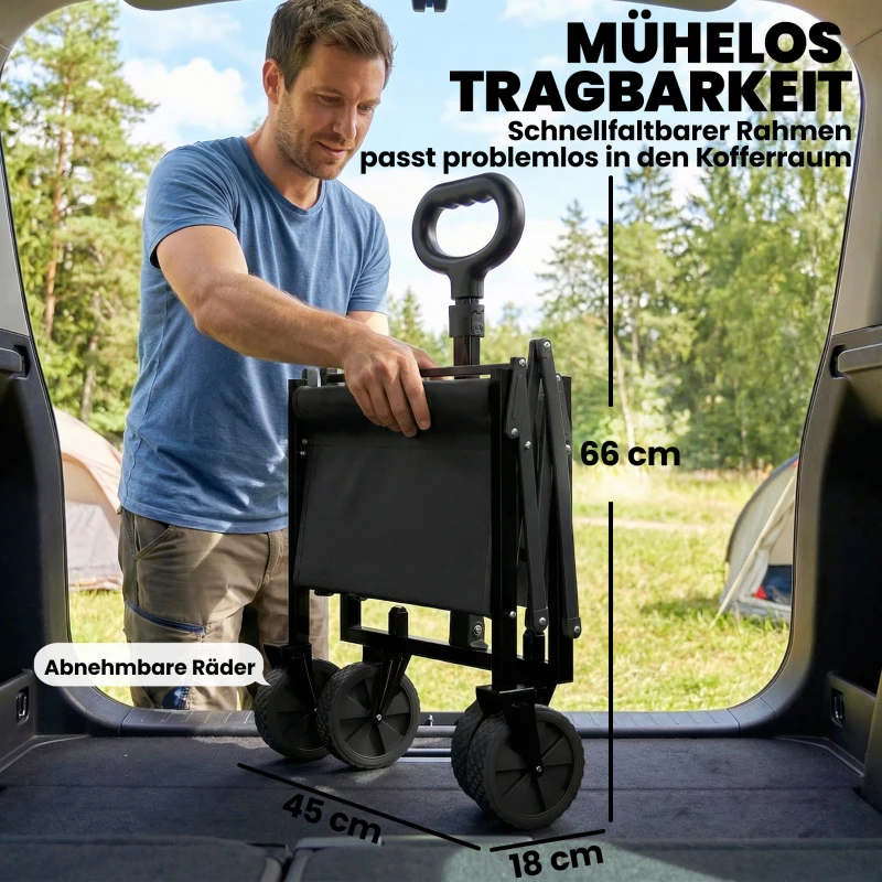 Outsunny Bollerwagen 60L Faltbarer Handwagen Gartenwagen Transportwagen mit Teleskop Griff Heckklappe Getränkehalter