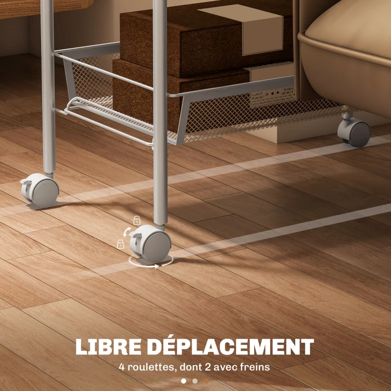 HOMCOM Chariot de rangement à 5 niveaux, desserte à roulettes avec paniers amovibles et 4 crochets, 45x26.5x106cm, blanc