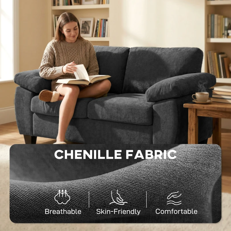 HOMCOM Sofa 2-osobowa, 156 cm sofa Chenille z grubymi poduszkami sprężynowymi, szerokimi tapicerowanymi podłokietnikami, obciążenie 300 kg, ciemnoszara