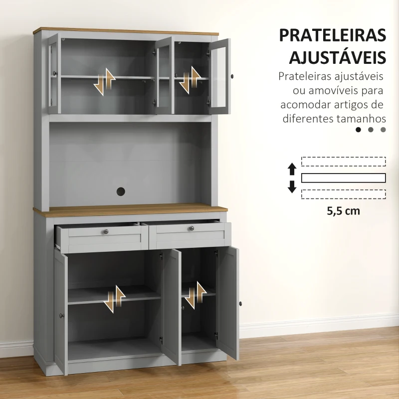 HOMCOM Armário de Cozinha com 3 Portas de Vidro Compartimento Aberto 2 Gavetas e Prateleiras Ajustáveis 100x40x180 cm Cinzento