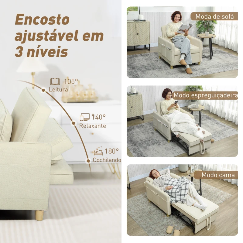 HOMCOM Poltrona Cama Estofado em Veludo Ecológico com Encosto Ajustável 3 Níveis 6 Bolsos Laterais 74x85,5x82 cm Bege