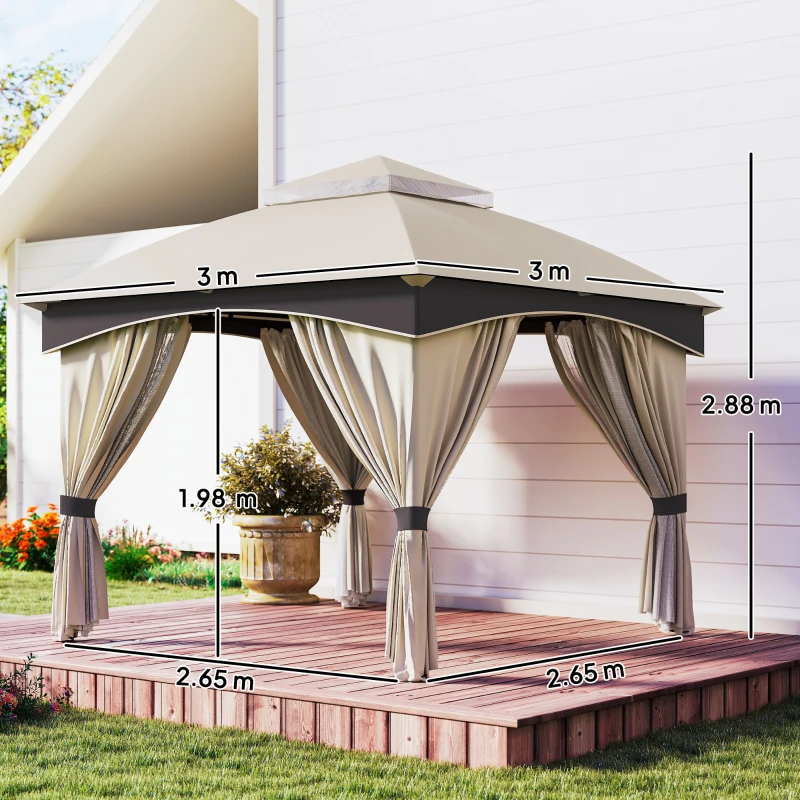 Outsunny Gazebo da Giardino 3x3m in Acciaio con Doppio Tettuccio e Tende, Beige e Grigio