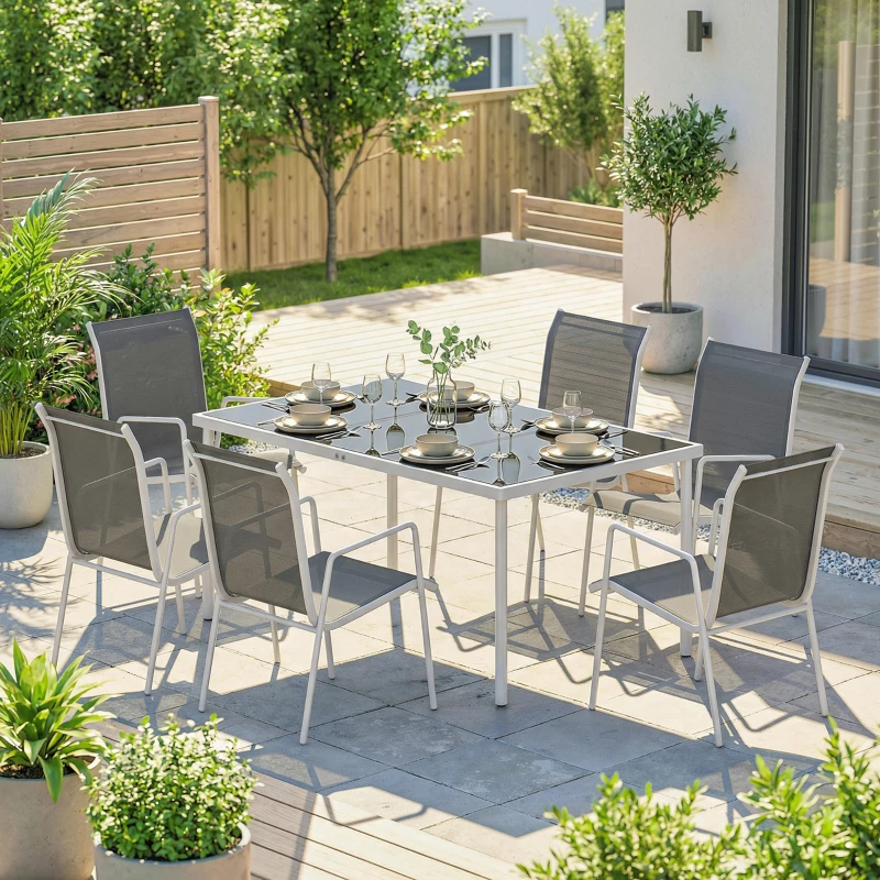 Outsunny Conjunto de Mesa y Sillas Jardín con Mesa de Vidrio Templado 6 Sillas Apilables Transpirables para Terraza Gris