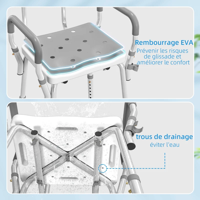 HOMCOM Tabouret de douche chaise de douche ergonomique hauteur réglable pieds antidérapants 56,5 x 53,5 x 87 cm blanc et gris