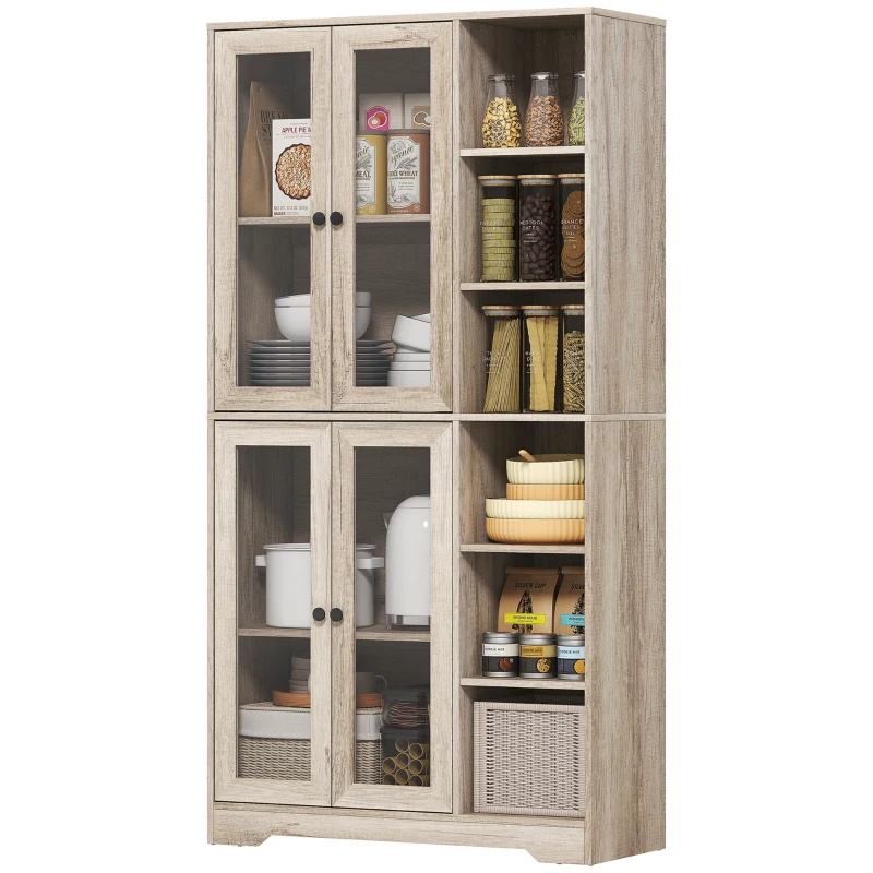 HOMCOM Armário de Cozinha Móvel Auxiliar de Cozinha com Prateleiras Abertas e 4 Portas de Vidro 90x35x172 cm Cinza Claro