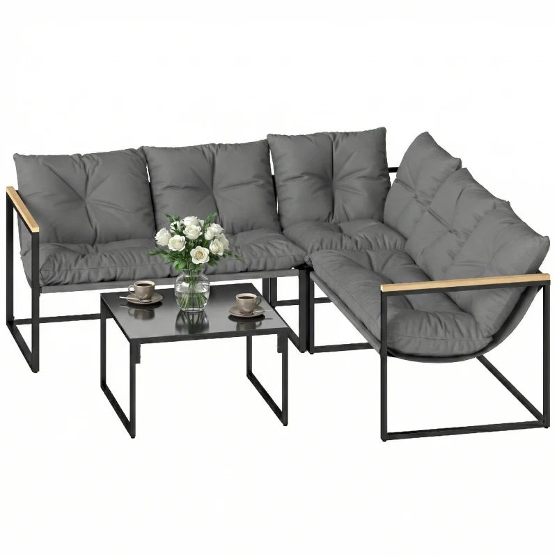Outsunny Conjunto de Jardim Exterior com Almofadas Espessas, 2 Sofás de 2 Lugares, Sofá de Canto e Mesa de Centro com Vidro, Cinzento