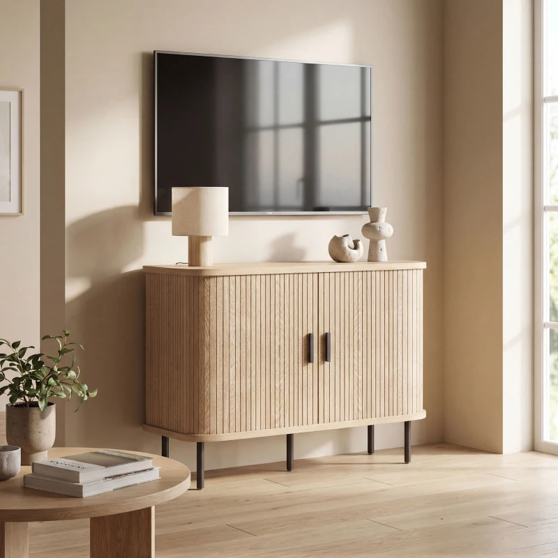 HOMCOM Buffet salon, meuble de rangement avec 2 portes coulissantes en tambour à lattes et 4 compartiments, chêne