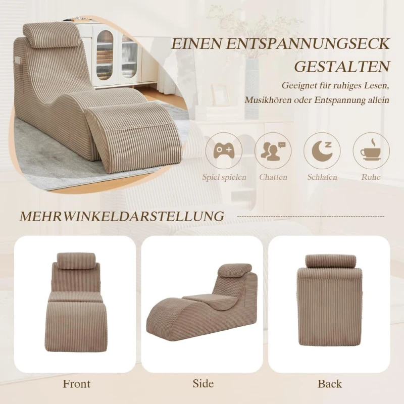 Moderner Freizeit-Sessel mit ergonomischer Rückenlehne, abnehmbarem Sitzkissen und Seitentasche, 160 x 66 x 90 cm, Khaki