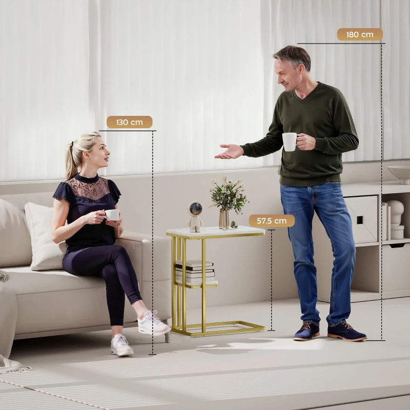 HOMCOM Mesa Auxiliar Estrutura em C Mesa Auxiliar Estreita de 2 Níveis com Prateleira 50x30x57,5 cm Branco Efeito Mármore